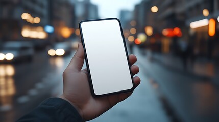 Wall Mural - hand holding smartphone blank screen city background