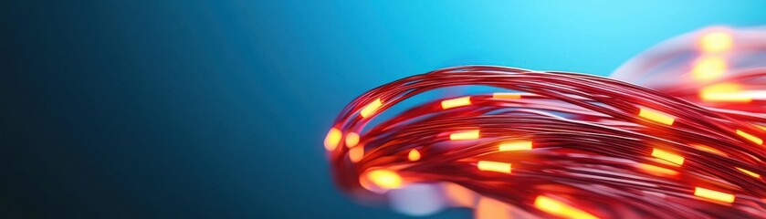 Poster - Fiber optic cables inspire abstract designs. An image close-up of illuminated red wires against a blue background, showcasing a fusion of technology and creativity.