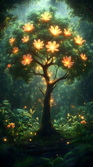 Wall Mural - Glowing flowers illuminate a mystical tree in a dark forest.