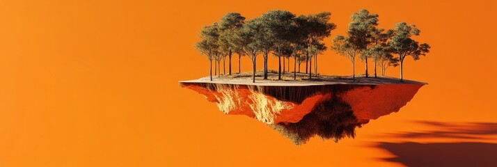 Wall Mural - a floating island with trees against an orange backdrop, symbolizing nature and imagination.