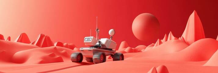 Wall Mural - a futuristic rover exploring a surreal red landscape with a distant planet.