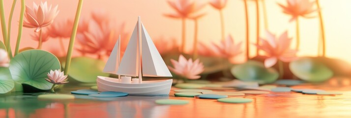 Wall Mural - a serene scene featuring a small sailboat amidst water lilies and tranquil reflections.