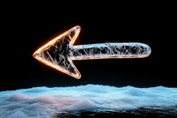 A crystal-clear arrow shape carved into ice, glowing softly under cool blue lighting