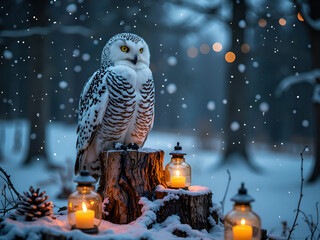 Wall Mural - majestic snowy owl perched in a winter wonderland with glowing lanterns, photography of nature conce