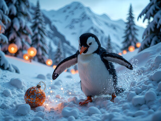 Wall Mural - a playful penguin among glittering ornaments in a snowy winter landscape, photography of nature conc