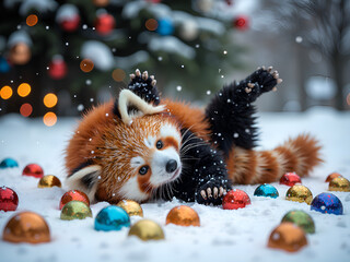 Wall Mural - adorable red panda rolling in snow with colorful ornaments in a winter wonderland scene, photorealis