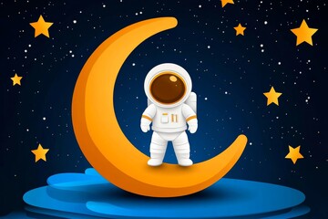 Poster - A simple representation of an astronaut standing on a crescent moon, drawn in a flat style with soft pastel tones