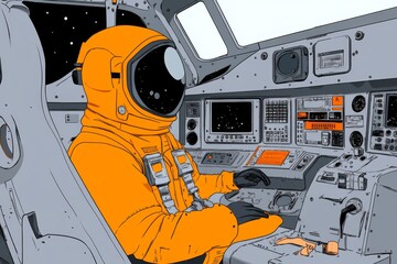 Poster - A space station interior with astronauts floating in zero gravity, surrounded by advanced technology and equipment