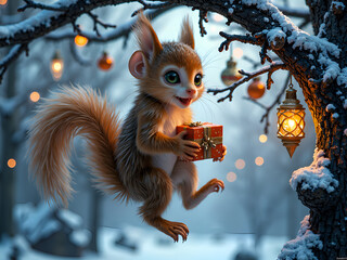 Wall Mural - a joyful squirrel carries a present under a snowy tree with twinkling lights, digital art of fantasy