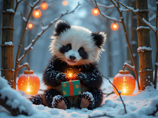 Wall Mural - charming panda in a snowy forest holding a gift surrounded by lanterns, digital illustration of fant