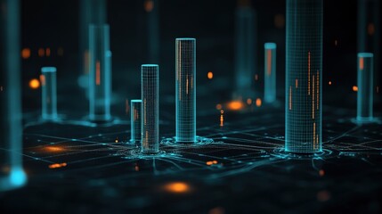 Poster - Abstract Data Visualization with 3D Bars and Lines in Dark Background, Representing Digital Information and Analytics for Modern Technology Concepts