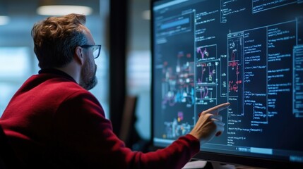 Poster - Professional male analyst examining complex data visualizations on a large digital screen while working in a modern office environment with focused concentration.