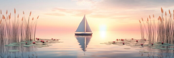 Wall Mural - a serene sunset scene with a sailboat on calm waters surrounded by reeds and lilies.