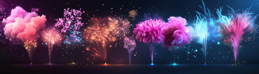 Poster - Celebratory fireworks display urban skyline digital art festive night wide-angle view vibrant colors for enjoyment