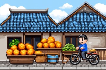 Aufkleber - Asian street scene in pixel art style, with vibrant market stalls, animated characters, and glowing lanterns in retro game aesthetic