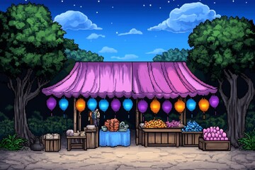 Aufkleber - Asian street scene in pixel art style, with vibrant market stalls, animated characters, and glowing lanterns in retro game aesthetic