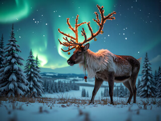 Wall Mural - reindeer under dancing northern lights with festive antlers in winter wonderland, digital art of fan