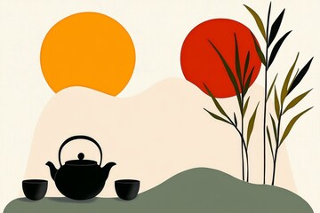 Aufkleber - Asian-inspired tea set in flat design, with minimalist colors and clean, sleek forms on a neutral background