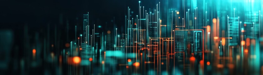 Poster - Futuristic Digital Cityscape with Glowing Lines and Data Streams Representing High Technology, Innovation, and Abstract Connectivity in a Virtual Space