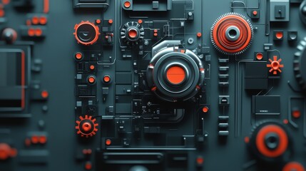Aufkleber - Intricate Close-Up of Futuristic Technology Elements with Metallic and Red Accents, Featuring Gears, Circuits, and Modern Design Aesthetics for Creative Projects