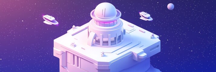 Wall Mural - a futuristic observatory on a cliff in space, surrounded by spacecraft and celestial bodies.
