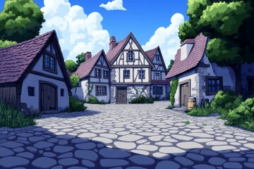 Poster - Pixel art depiction of a quaint medieval village, with pixelated houses, a castle, and cobblestone streets in retro game style