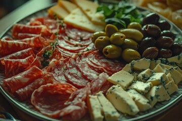 Wall Mural - Platter with Meat, Cheese, Olives