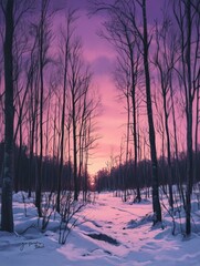 Wall Mural - snowy forest sunset