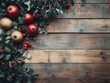 © nurman - Rustic autumnal background with pomegranates, berries, and greenery on a weathered wooden surface. Perfect for fall-themed designs, blogs, or food photography.
