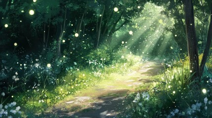 Wall Mural - a serene forest path illuminated by sunlight and dotted with glowing orbs.