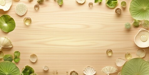 Wall Mural - A serene arrangement of leaves and natural elements on a wooden surface.