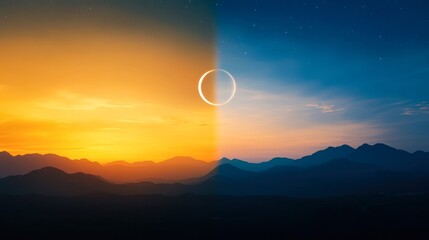 Wall Mural - A breathtaking split image displaying a sunrise on one side and a moonlit night on the other, ideal for use in nature-themed projects, relaxation materials, or inspirational content,