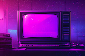 Poster - A retro television set glowing in purple hues against a cosmic background.