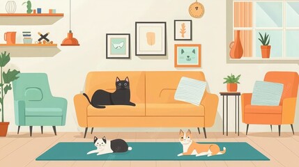 Poster - A cozy living room with various pets, including a cat lounging on the sofa and a dog playing with a toy. 