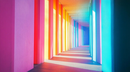 Poster - Vibrant corridor with colorful columns illuminated by sunlight at midday