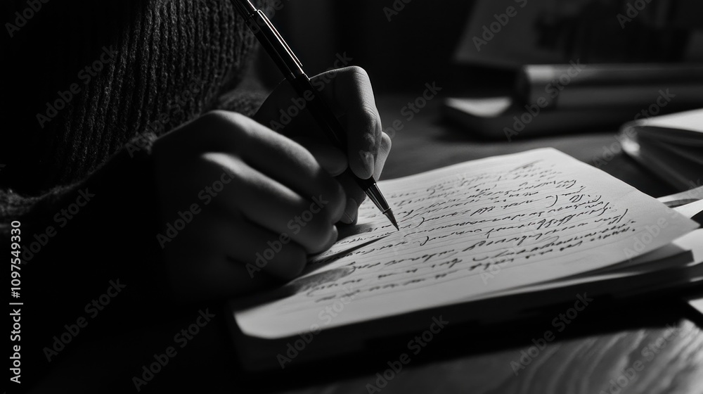 Monochrome Handwriting: A Moment of Reflection and Creation Stock ...