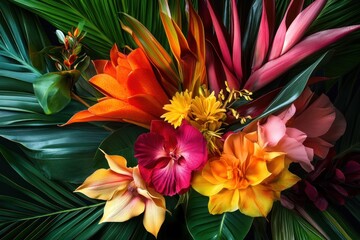 Wall Mural - Exotic tropical leaves and flowers arranged in a bouquet, 