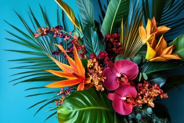 Wall Mural - Exotic tropical leaves and flowers arranged in a bouquet, 
