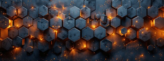 Fototapete - Modern Industrial Hexagon Tile Background - Glowing Gold, Brown, Gray, Black