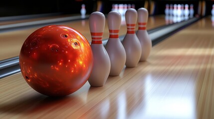 Wall Mural - A vibrant bowling ball rolls towards neatly arranged pins on a polished wooden lane, creating a dynamic sports scene.