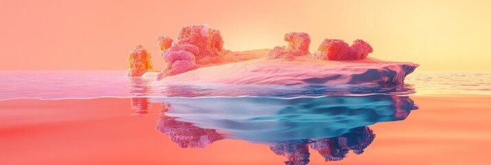 Wall Mural - a serene landscape featuring a colorful island reflected in calm waters at sunset.