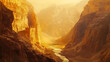 © Naruephu - A beautiful canyon bathed in golden light, with intricate rock formations and a clear river flowing below