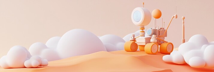 Wall Mural - a whimsical 3d rendering of a rover exploring a soft, cloud-like landscape.