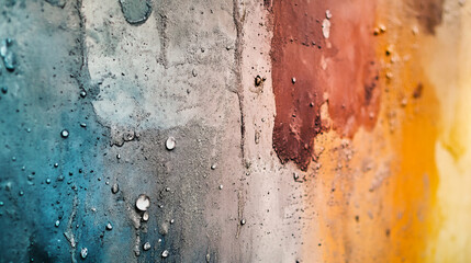 Poster - Colorful droplets on a textured wall showcasing an artistic blend of hues in daylight