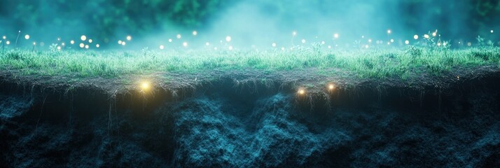 Wall Mural - a mystical landscape with glowing elements and lush grass, evoking a serene atmosphere.
