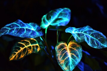 Poster - Tropical leaves with a bioluminescent effect, glowing softly in the dark, 