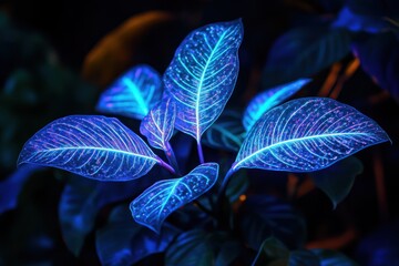 Poster - Tropical leaves with a bioluminescent effect, glowing softly in the dark, 