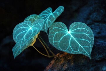 Poster - Tropical leaves with a bioluminescent effect, glowing softly in the dark, 