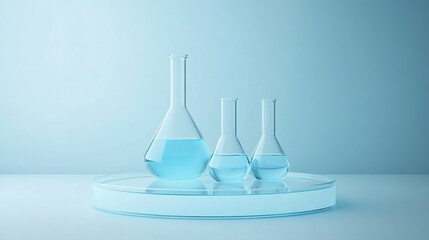 Front view of circle transparent podium and laboratory glassware filled with blue water. Empty area to display product.