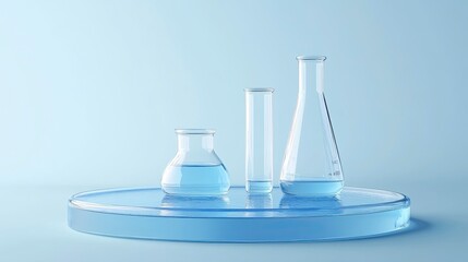 Front view of circle transparent podium and laboratory glassware filled with blue water. Empty area to display product.